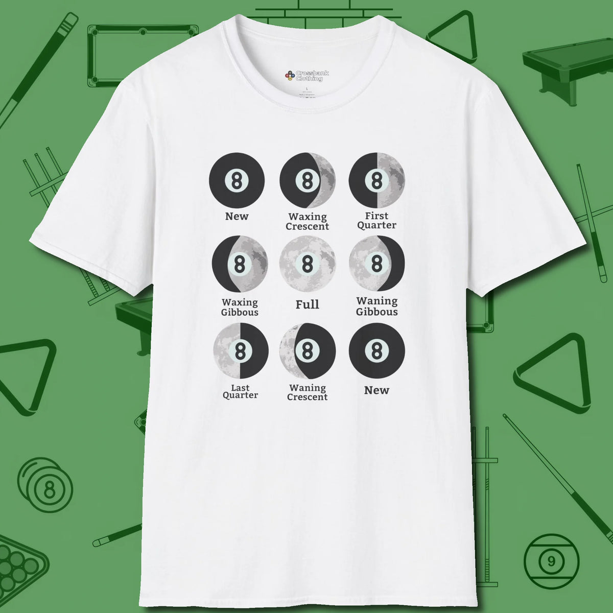 Eight ball Moon Phases T-Shirt, front view, in White for players who live the game