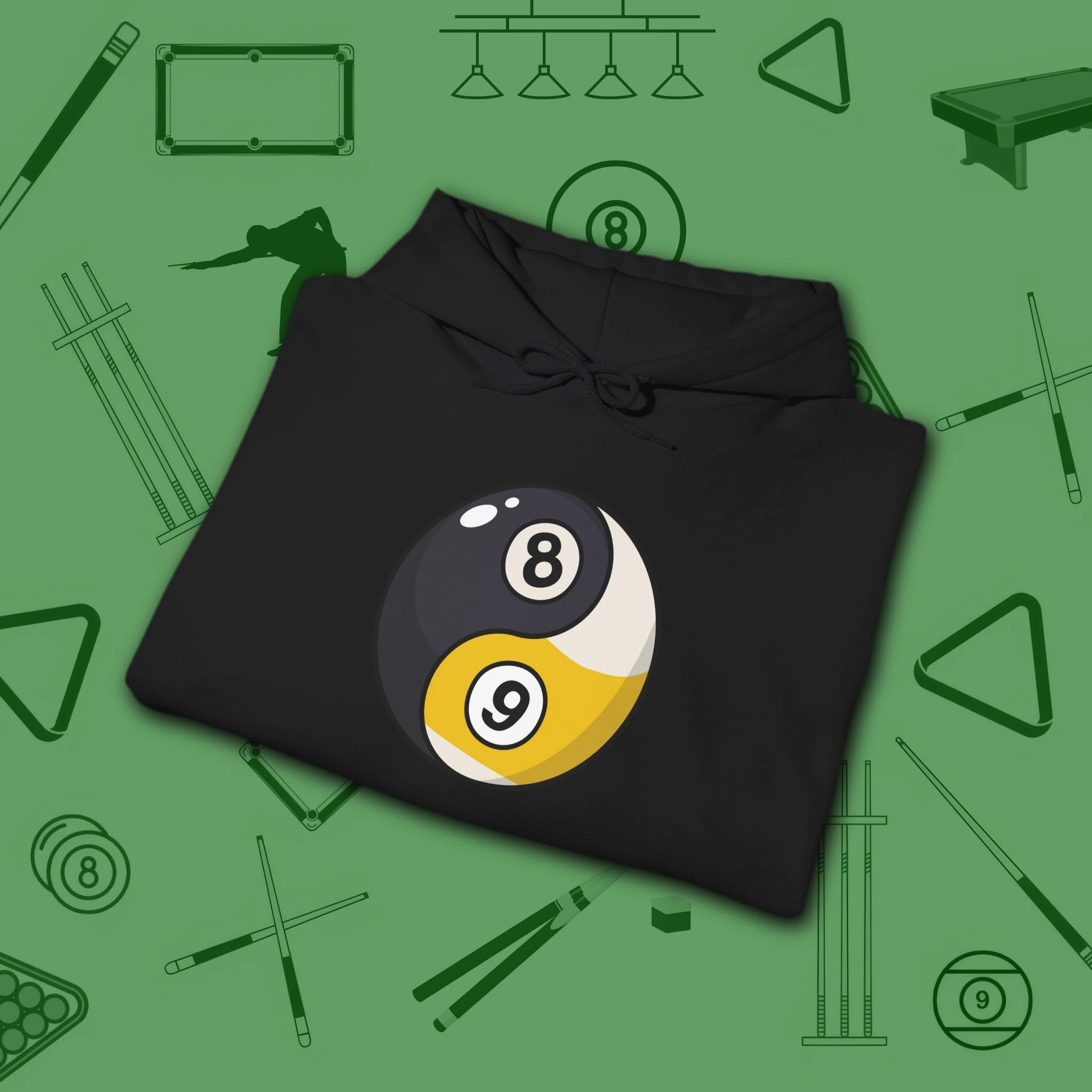 Eight Ball/Nine Ball Balance Hoodie, in Black color, billiards hoodie, folded view