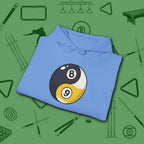 Eight Ball/Nine Ball Balance Hoodie, in Carolina Blue color, billiards hoodie, folded view