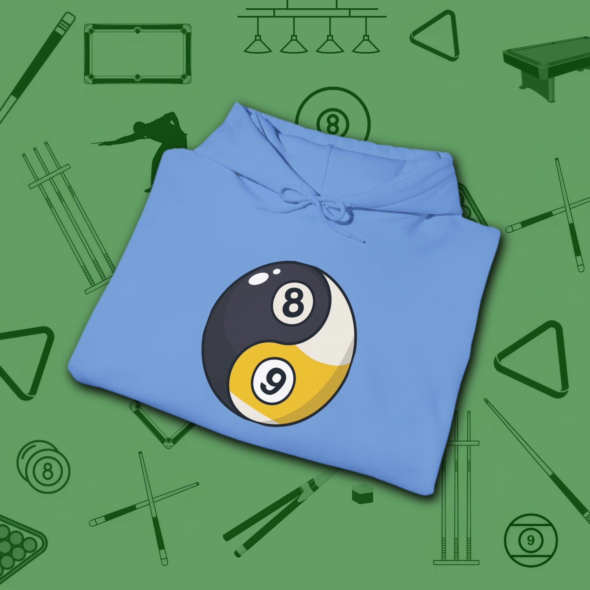 Eight Ball/Nine Ball Balance Hoodie, in Carolina Blue color, billiards hoodie, folded view