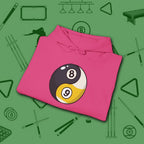 Eight Ball/Nine Ball Balance Hoodie, in Heliconia color, billiards hoodie, folded view
