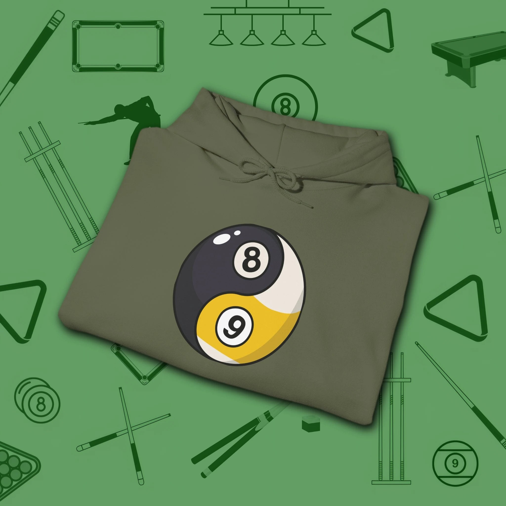 Eight Ball/Nine Ball Balance Hoodie, in Military Green color, billiards hoodie, folded view
