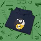 Eight Ball/Nine Ball Balance Hoodie, in Navy color, billiards hoodie, folded view