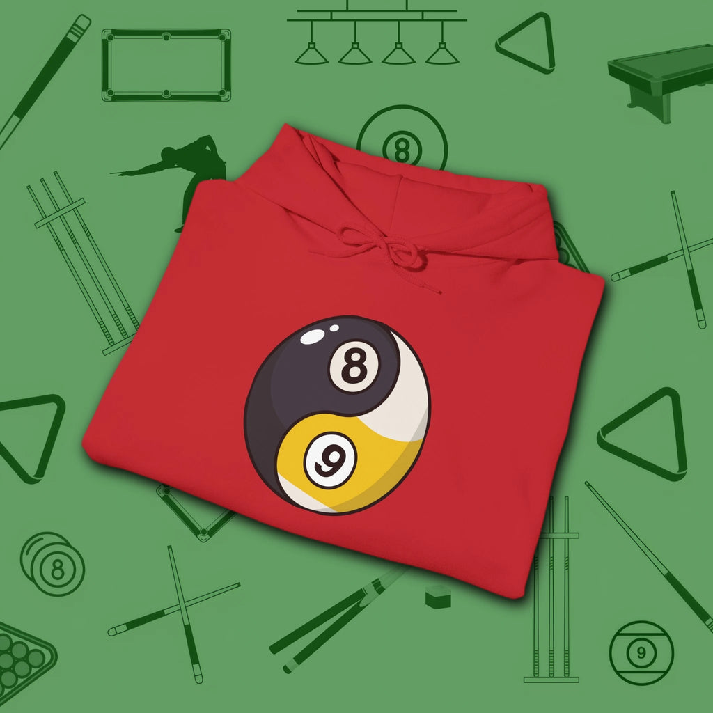 Eight Ball/Nine Ball Balance Hoodie, in Red color, billiards hoodie, folded view