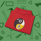 Eight Ball/Nine Ball Balance Hoodie, in Red color, billiards hoodie, folded view