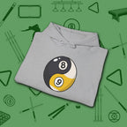 Eight Ball/Nine Ball Balance Hoodie, in Sport Grey color, billiards hoodie, folded view