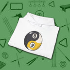 Eight Ball/Nine Ball Balance Hoodie, in White color, billiards hoodie, folded view
