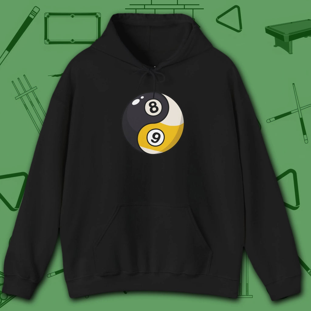 Eight Ball/Nine Ball Balance Hoodie, in Black color, billiards hoodie, front view
