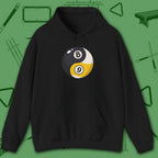 Eight Ball/Nine Ball Balance Hoodie, in Black color, billiards hoodie, front view