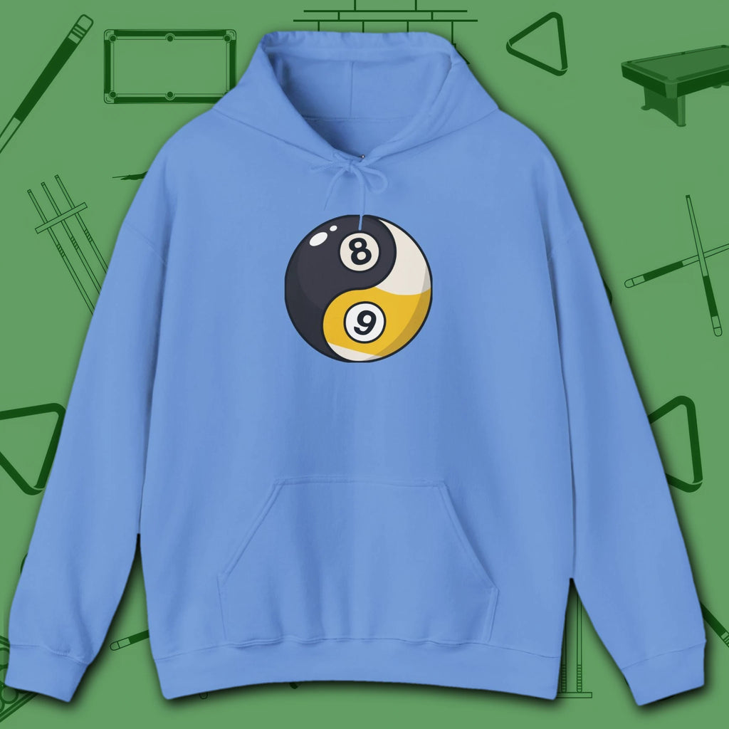 Eight Ball/Nine Ball Balance Hoodie, in Carolina Blue color, billiards hoodie, front view