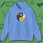 Eight Ball/Nine Ball Balance Hoodie, in Carolina Blue color, billiards hoodie, front view