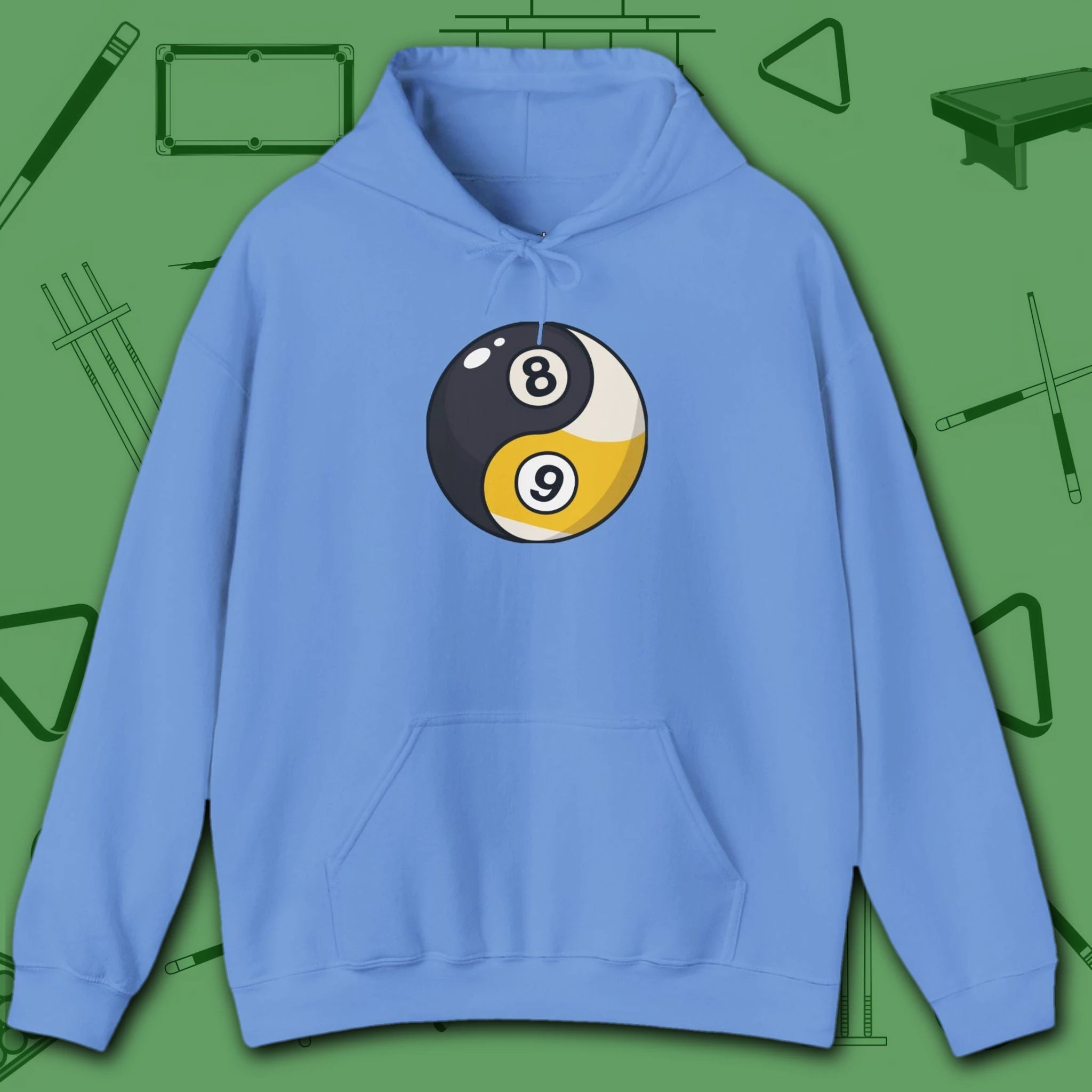 Eight Ball/Nine Ball Balance Hoodie, in Carolina Blue color, billiards hoodie, front view