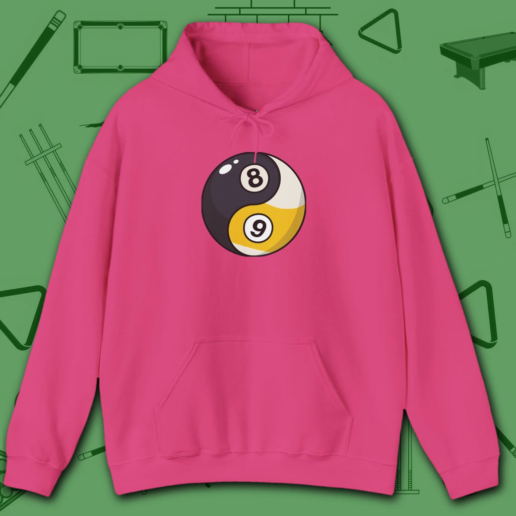 Eight Ball/Nine Ball Balance Hoodie, in Heliconia color, billiards hoodie, front view