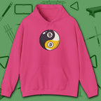 Eight Ball/Nine Ball Balance Hoodie, in Heliconia color, billiards hoodie, front view