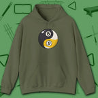 Eight Ball/Nine Ball Balance Hoodie, in Military Green color, billiards hoodie, front view