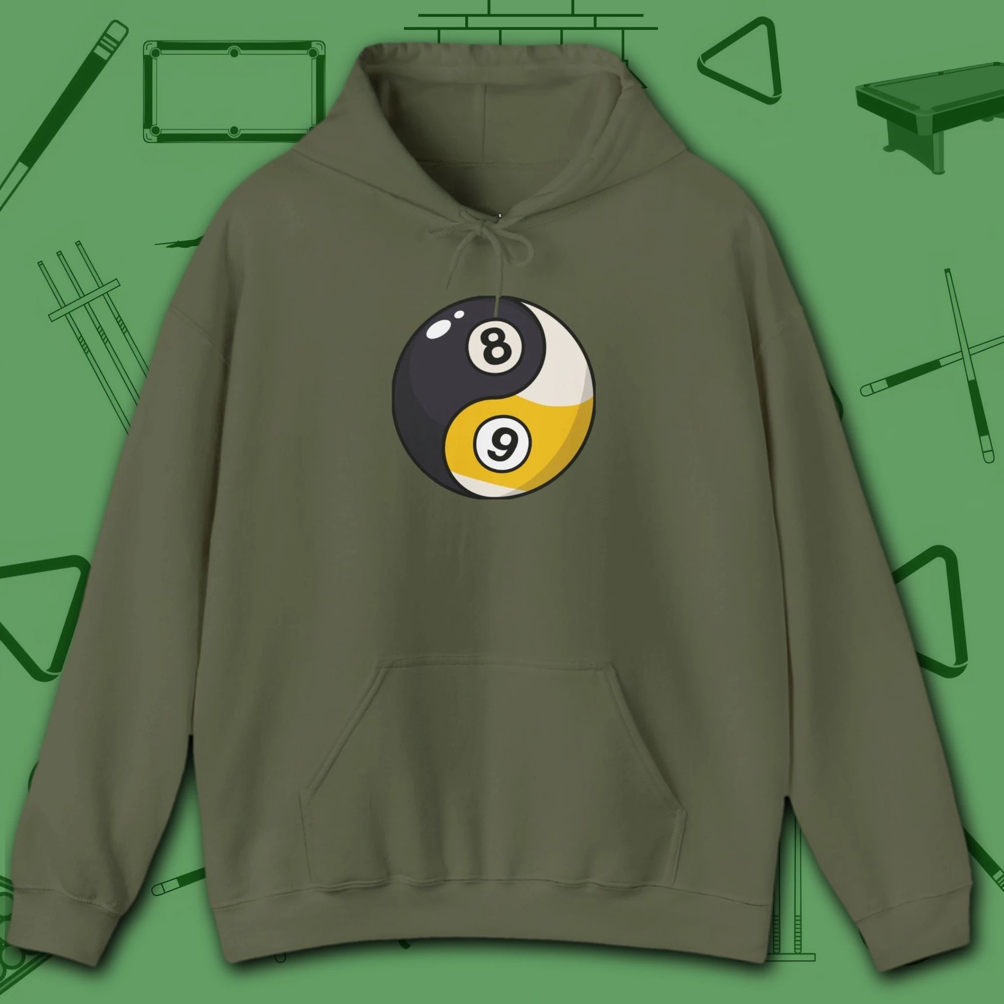 Eight Ball/Nine Ball Balance Hoodie, in Military Green color, billiards hoodie, front view