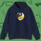 Eight Ball/Nine Ball Balance Hoodie, in Navy color, billiards hoodie, front view