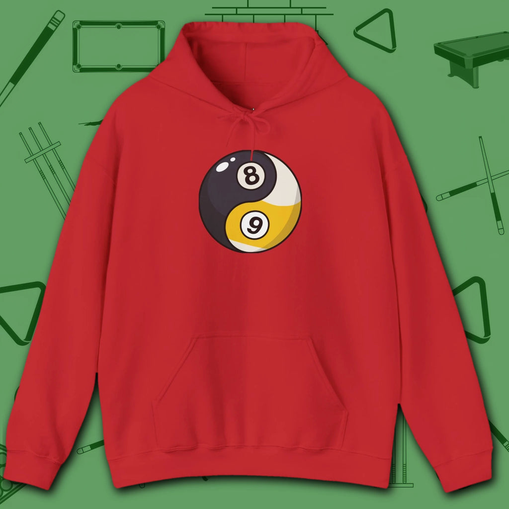 Eight Ball/Nine Ball Balance Hoodie, in Red color, billiards hoodie, front view