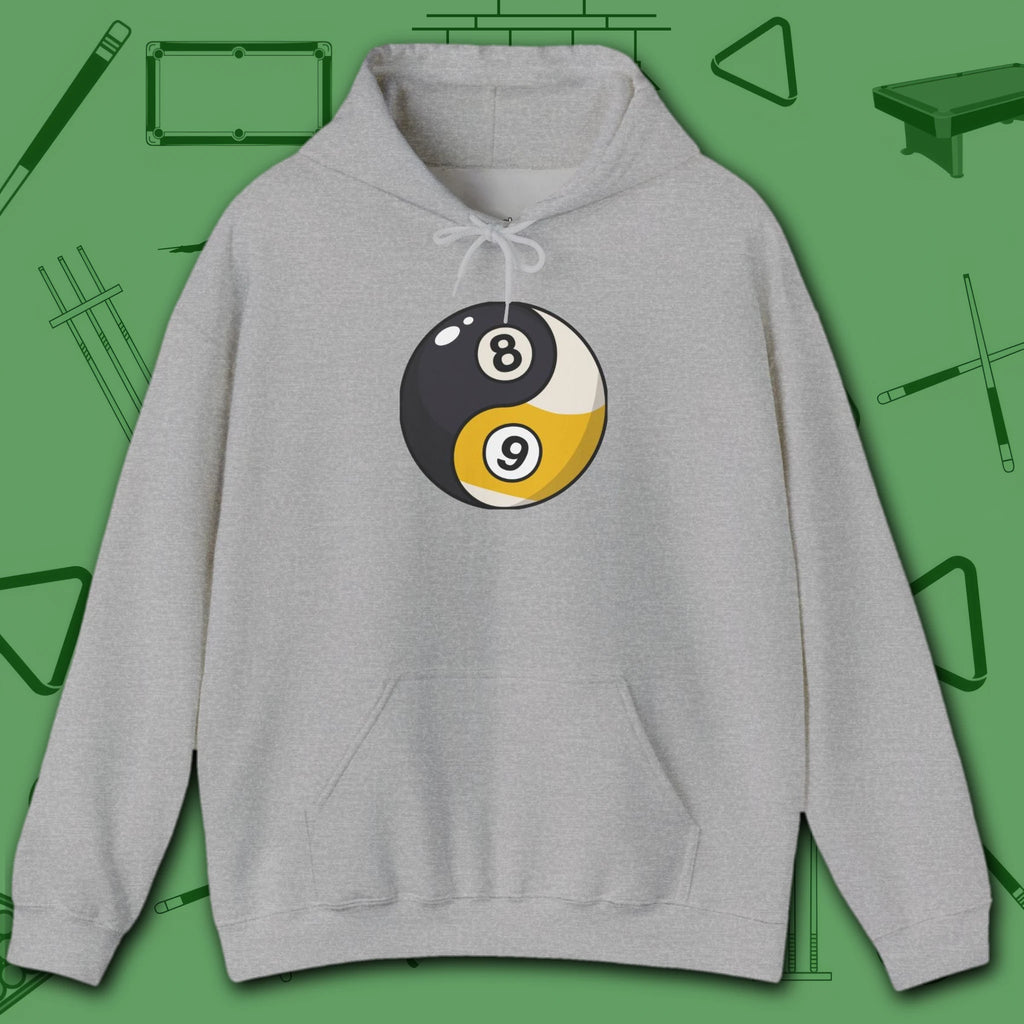 Eight Ball/Nine Ball Balance Hoodie, in Sport Grey color, billiards hoodie, front view