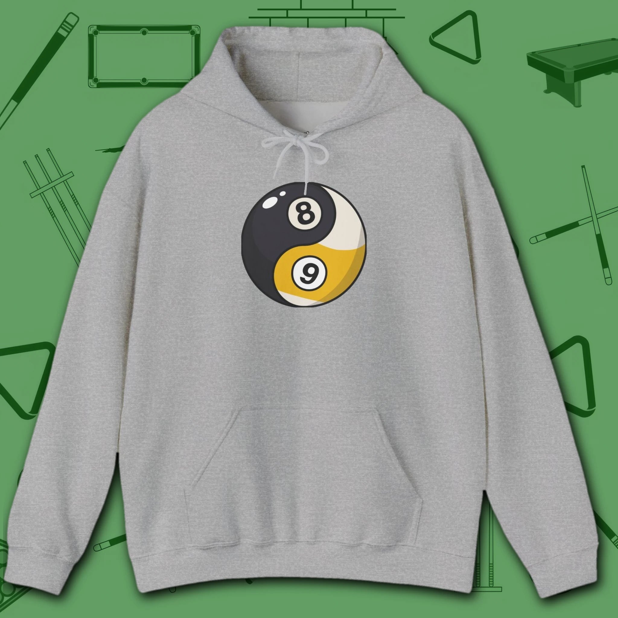 Eight Ball/Nine Ball Balance Hoodie, in Sport Grey color, billiards hoodie, front view