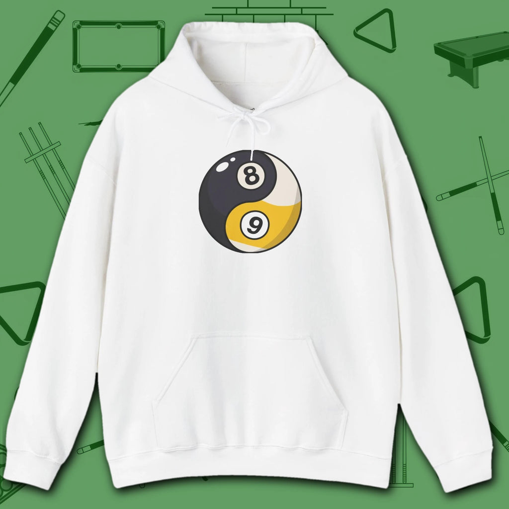 Eight Ball/Nine Ball Balance Hoodie, in White color, billiards hoodie, front view