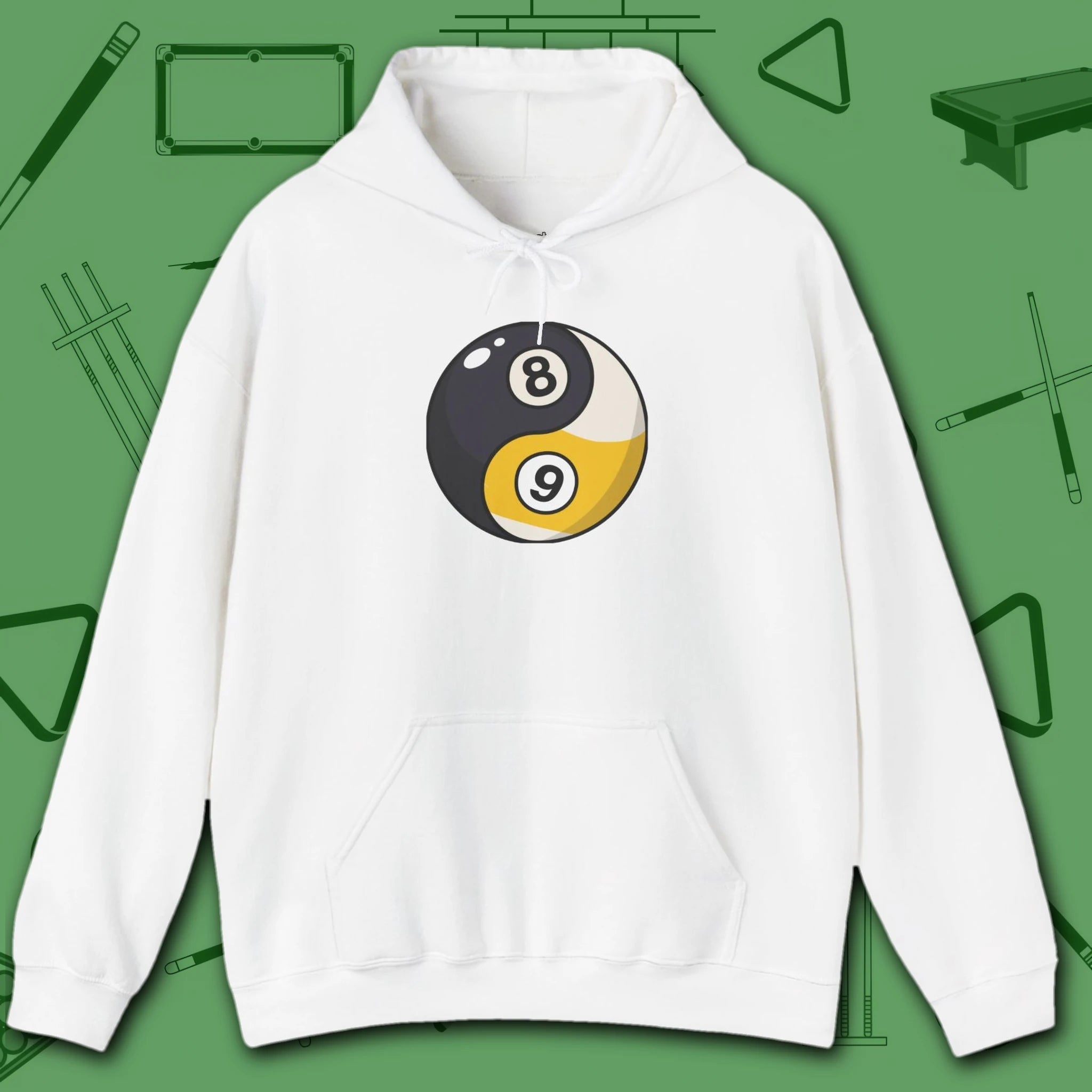 Eight Ball/Nine Ball Balance Hoodie, in White color, billiards hoodie, front view
