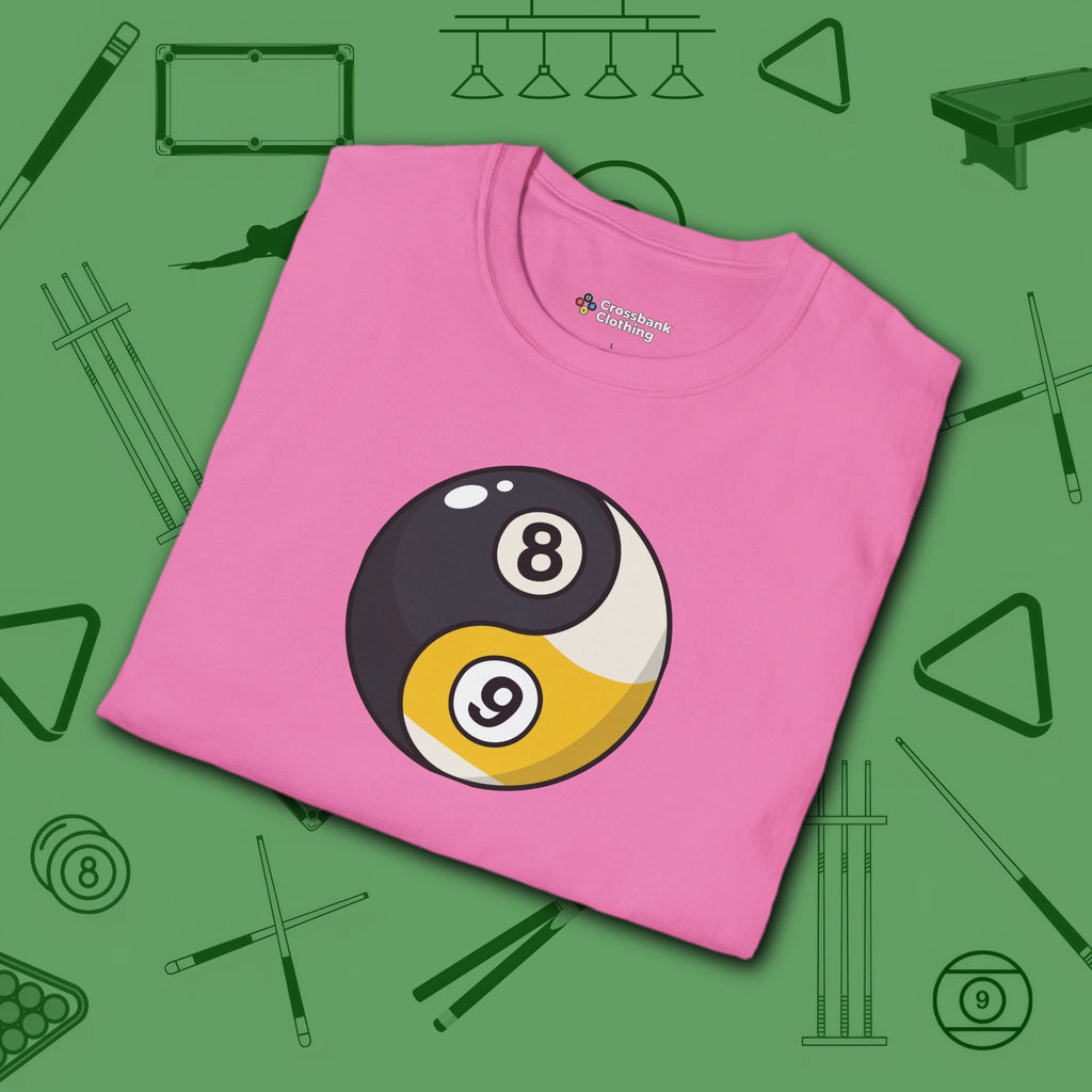 Eight Ball/Nine Ball Balance T-Shirt, in Azalea color, billiards shirt, folded view