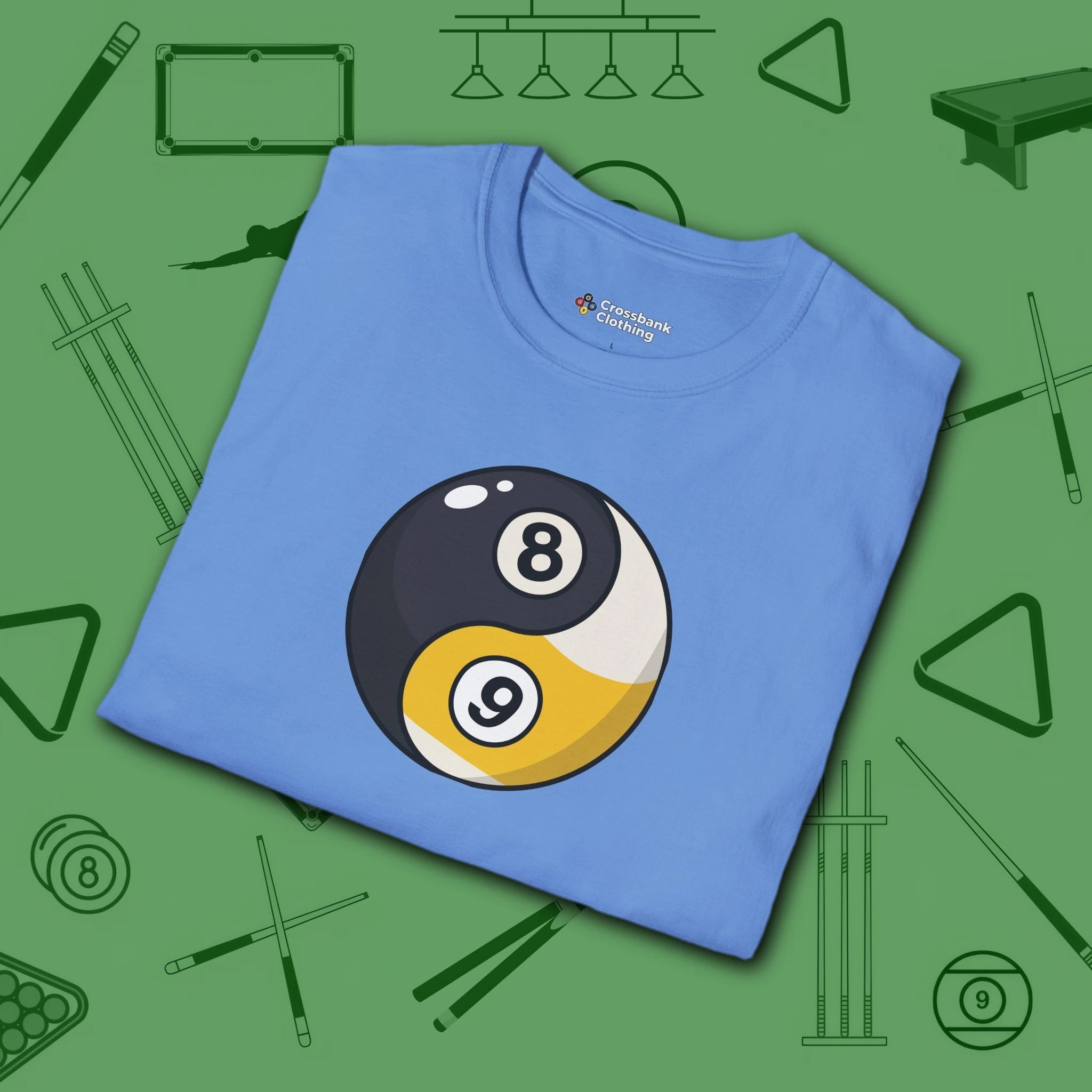 Eight Ball/Nine Ball Balance T-Shirt, in Carolina Blue color, billiards shirt, folded view