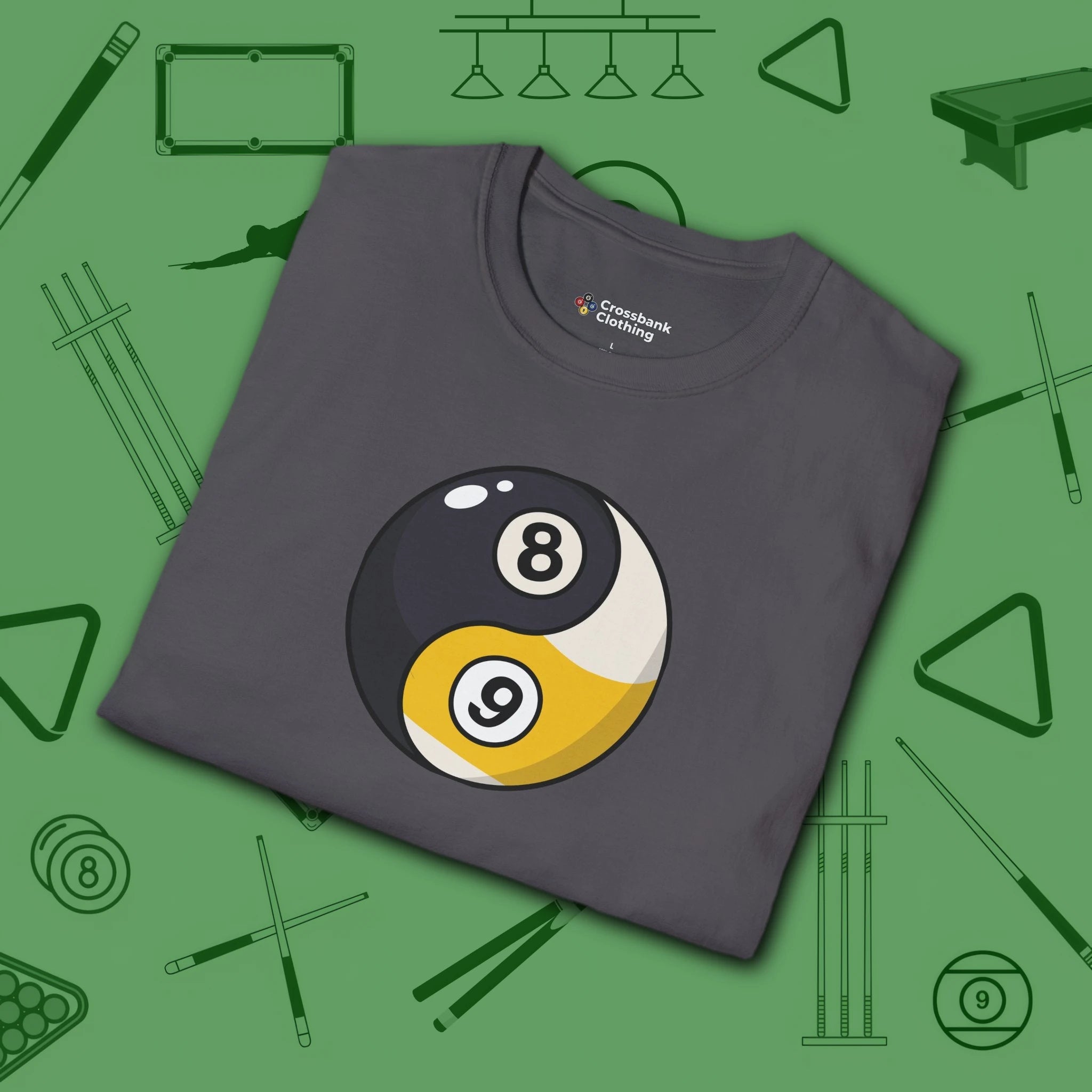 Eight Ball/Nine Ball Balance T-Shirt, in Charcoal color, billiards shirt, folded view