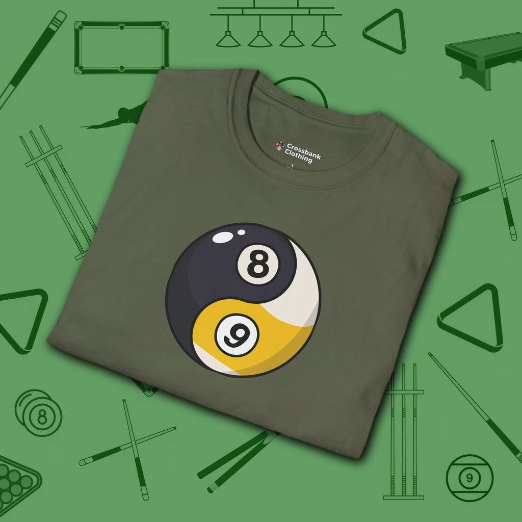 Eight Ball/Nine Ball Balance T-Shirt, in Military Green color, billiards shirt, folded view