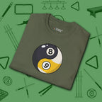 Eight Ball/Nine Ball Balance T-Shirt, in Military Green color, billiards shirt, folded view