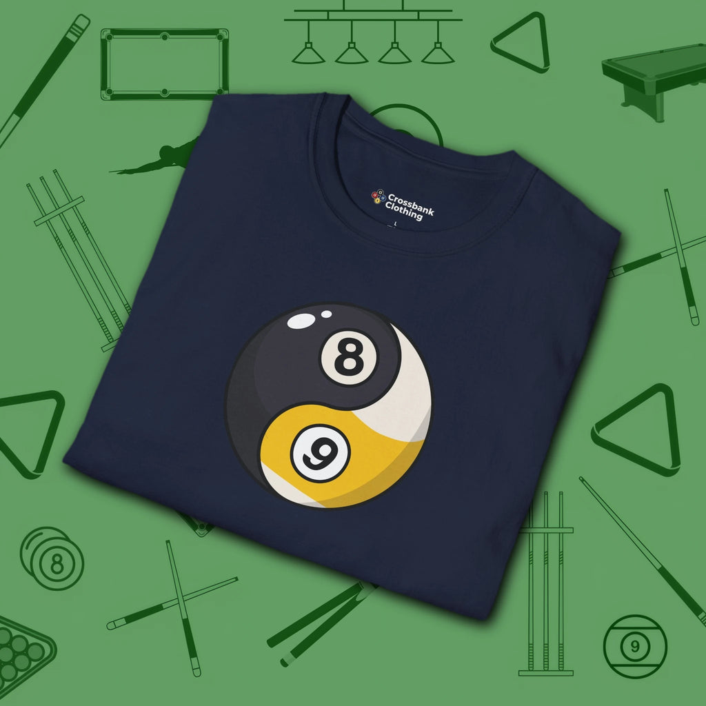 Eight Ball/Nine Ball Balance T-Shirt, in Navy color, billiards shirt, folded view