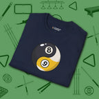 Eight Ball/Nine Ball Balance T-Shirt, in Navy color, billiards shirt, folded view