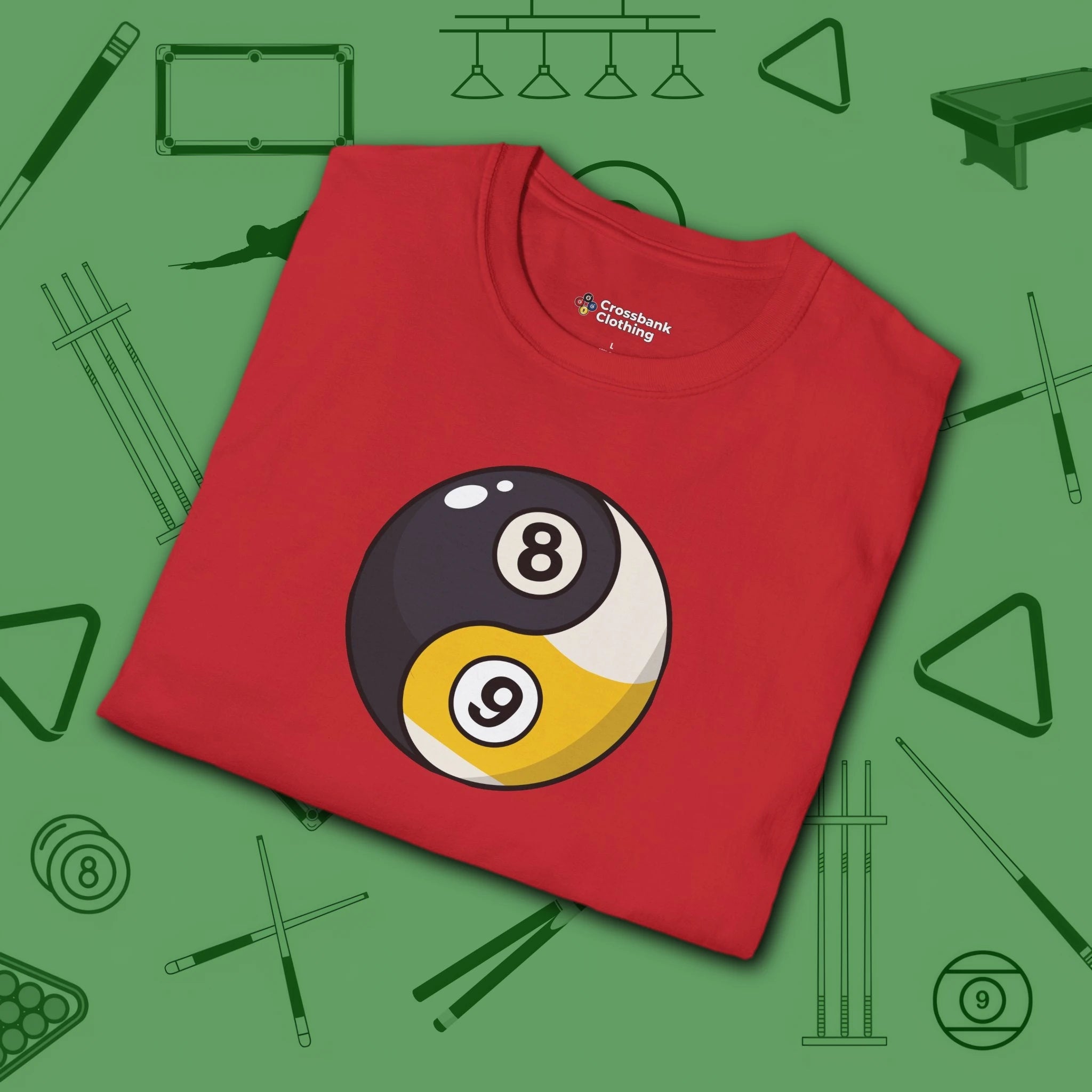 Eight Ball/Nine Ball Balance T-Shirt, in Red color, billiards shirt, folded view