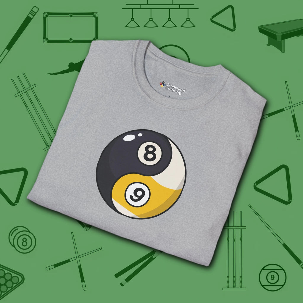 Eight Ball/Nine Ball Balance T-Shirt, in Sport Grey color, billiards shirt, folded view