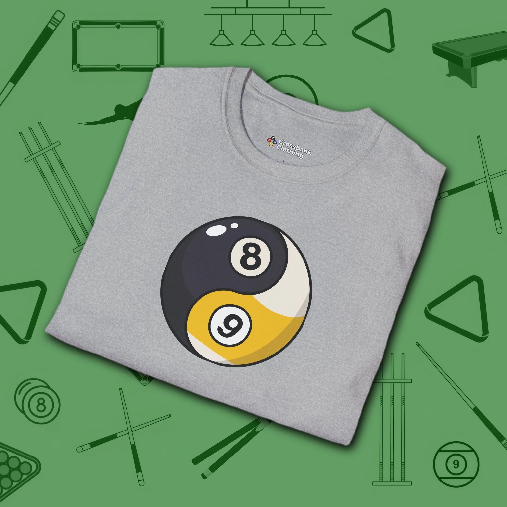 Eight Ball/Nine Ball Balance T-Shirt, in Sport Grey color, billiards shirt, folded view