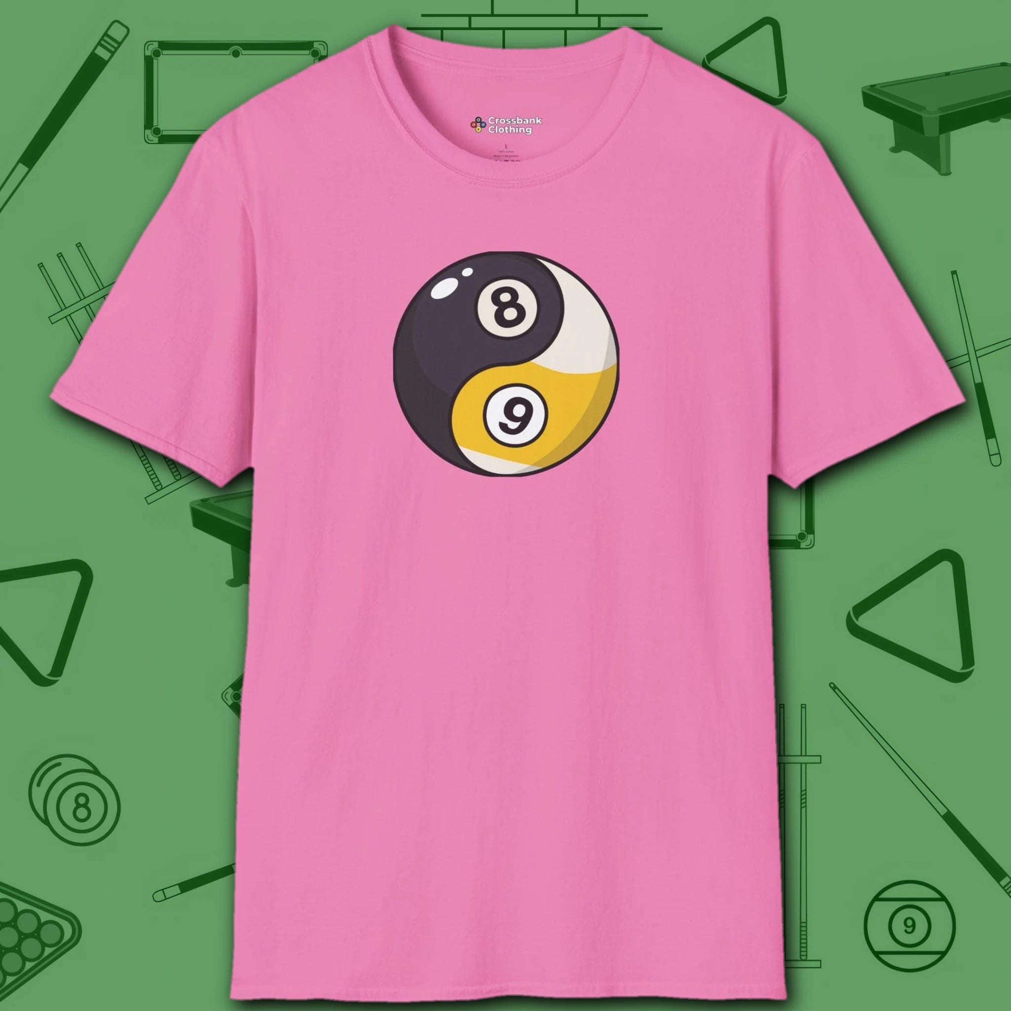 Eight Ball/Nine Ball Balance T-Shirt, in Azalea color, billiards shirt, front view
