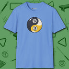 Eight Ball/Nine Ball Balance T-Shirt, in Carolina Blue color, billiards shirt, front view
