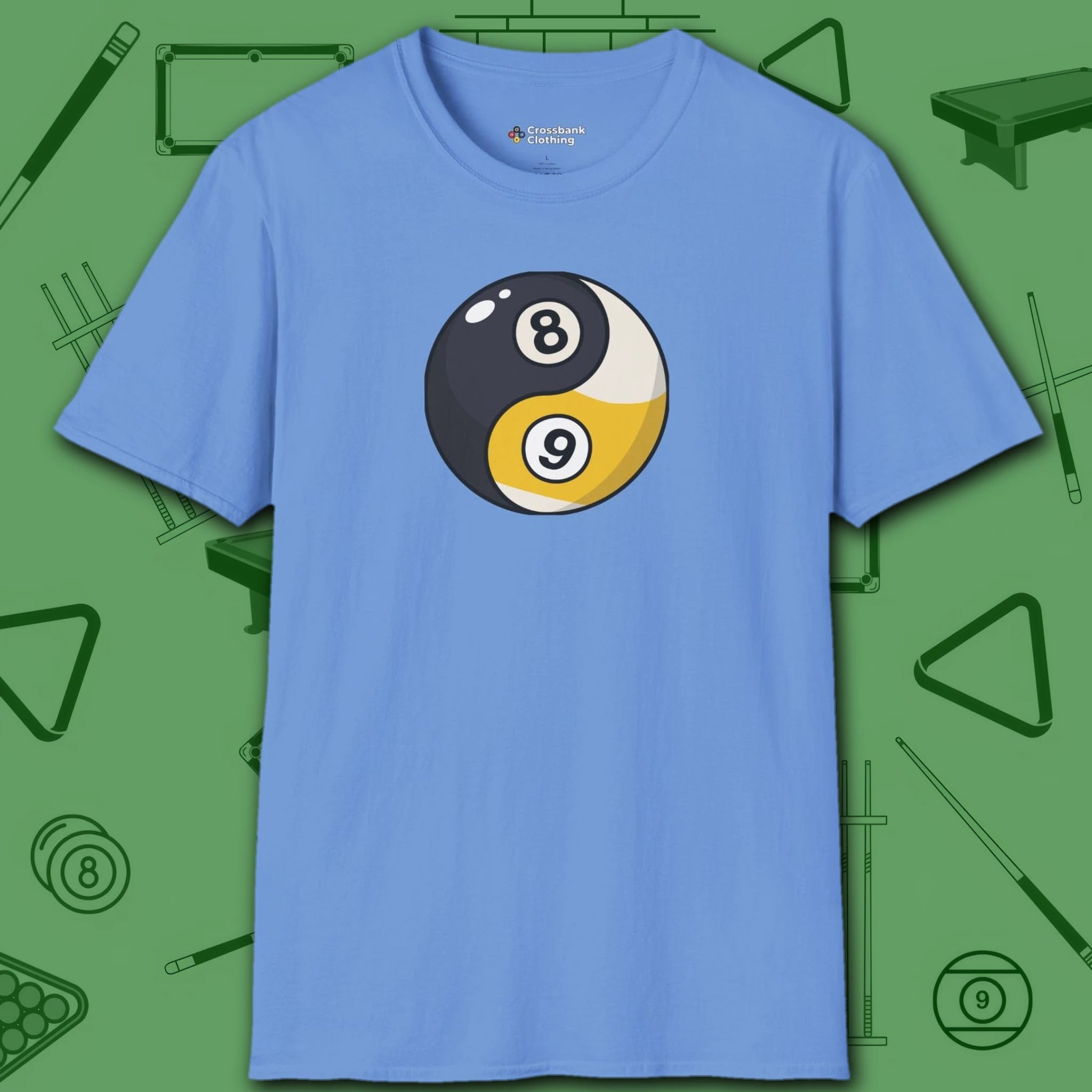 Eight Ball/Nine Ball Balance T-Shirt, in Carolina Blue color, billiards shirt, front view