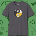 Eight Ball/Nine Ball Balance T-Shirt, in Charcoal color, billiards shirt, front view