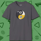 Eight Ball/Nine Ball Balance T-Shirt, in Charcoal color, billiards shirt, front view