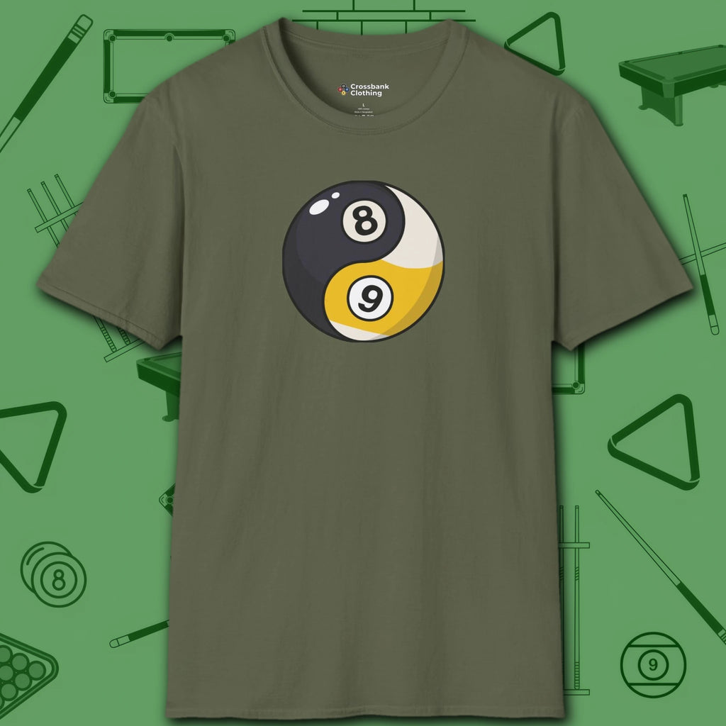 Eight Ball/Nine Ball Balance T-Shirt, in Military Green color, billiards shirt, front view