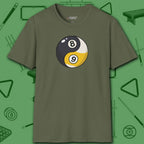 Eight Ball/Nine Ball Balance T-Shirt, in Military Green color, billiards shirt, front view