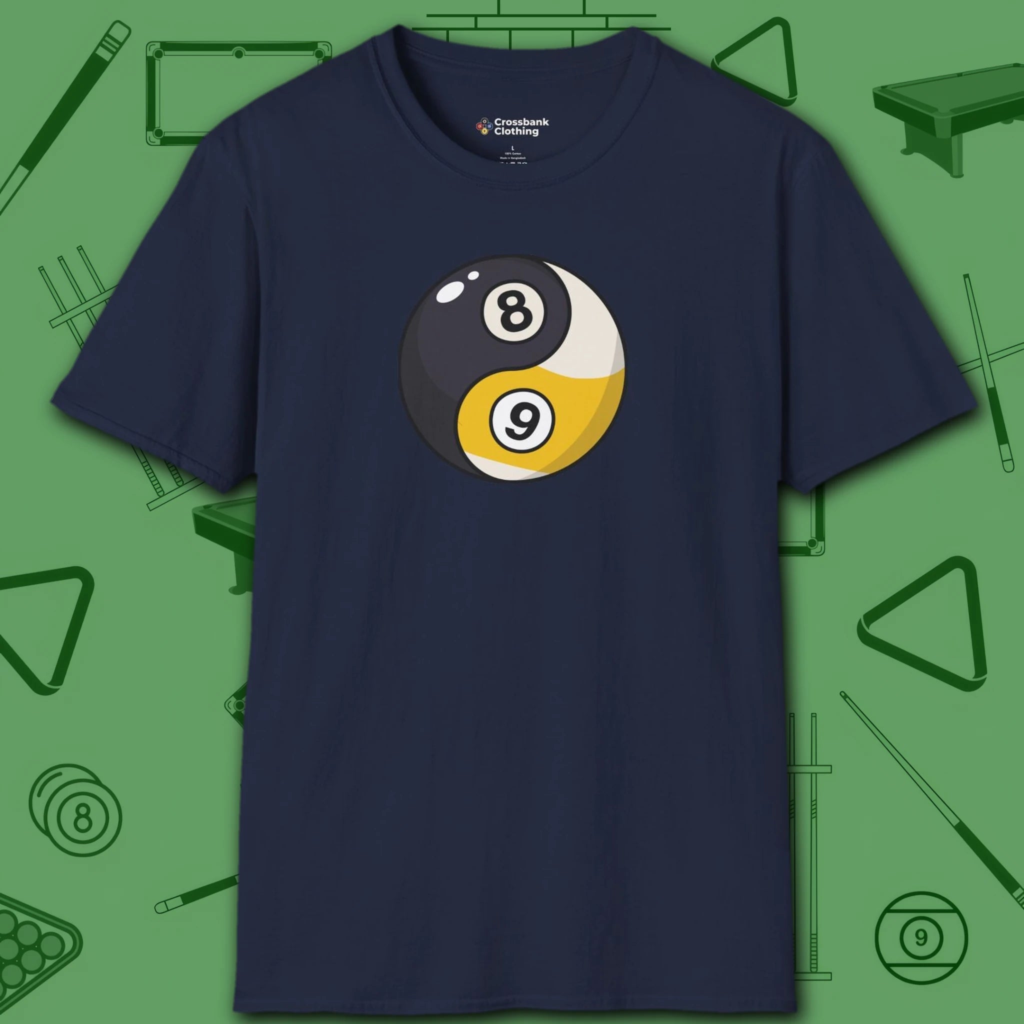 Eight Ball/Nine Ball Balance T-Shirt, in Navy color, billiards shirt, front view