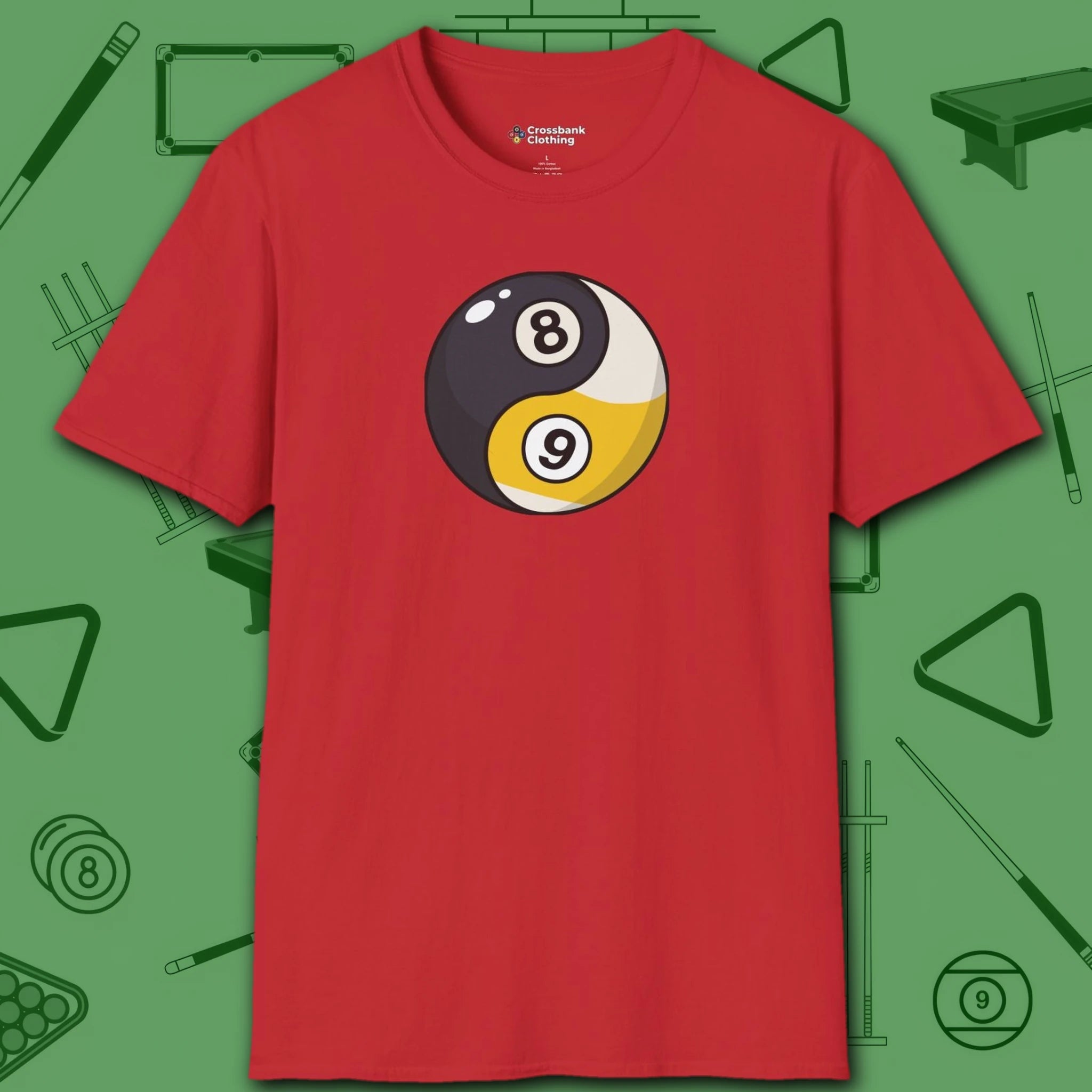 Eight Ball/Nine Ball Balance T-Shirt, in Red color, billiards shirt, front view