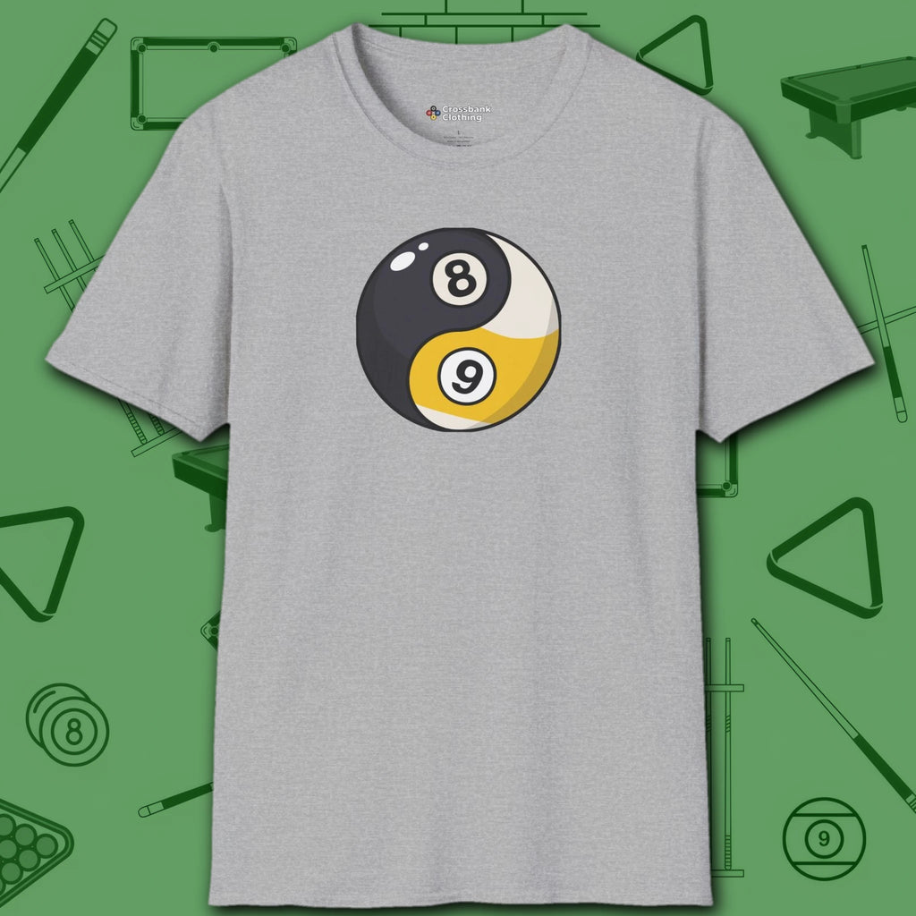 Eight Ball/Nine Ball Balance T-Shirt, in Sport Grey color, billiards shirt, front view