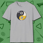Eight Ball/Nine Ball Balance T-Shirt, in Sport Grey color, billiards shirt, front view