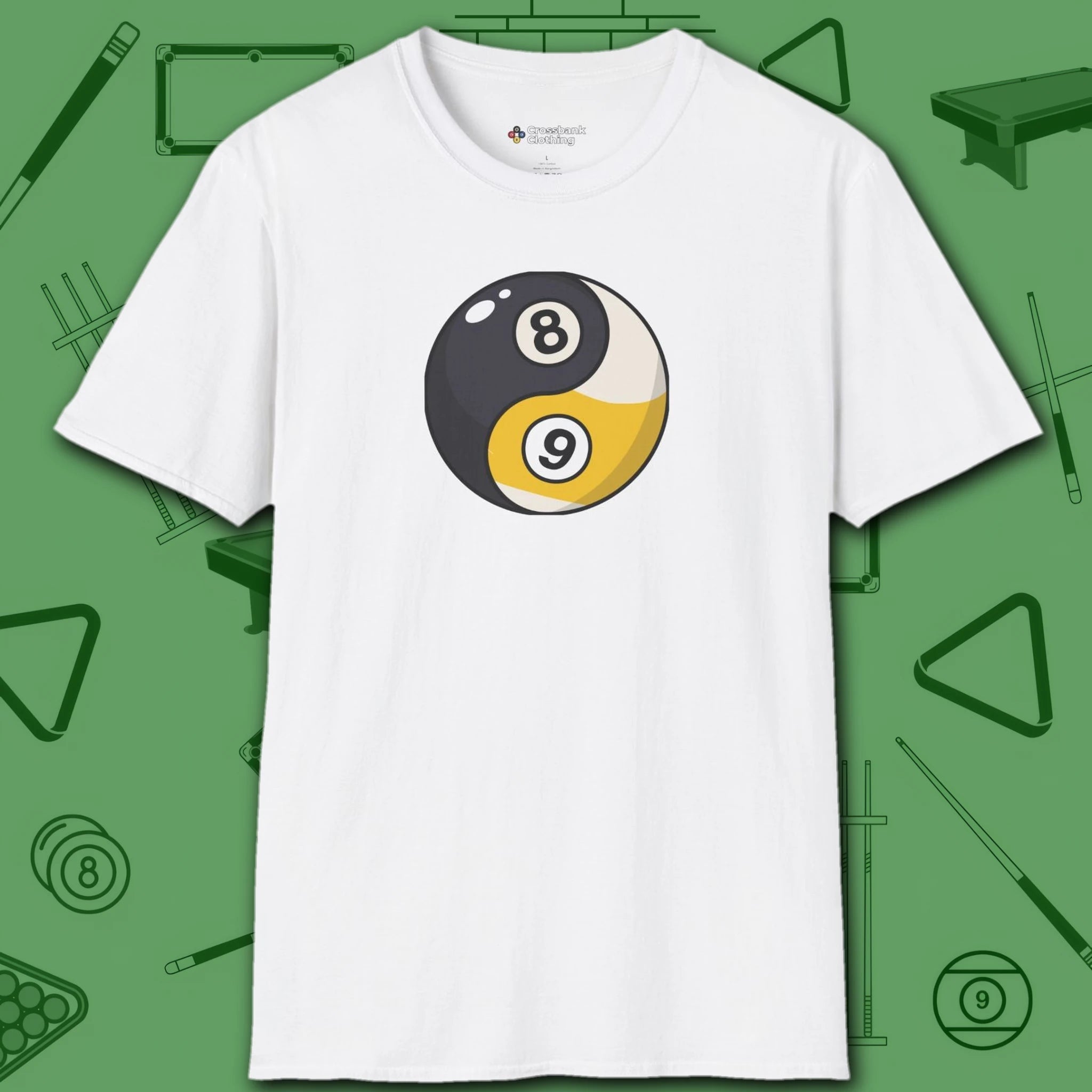 Eight Ball/Nine Ball Balance T-Shirt, in White color, billiards shirt, front view