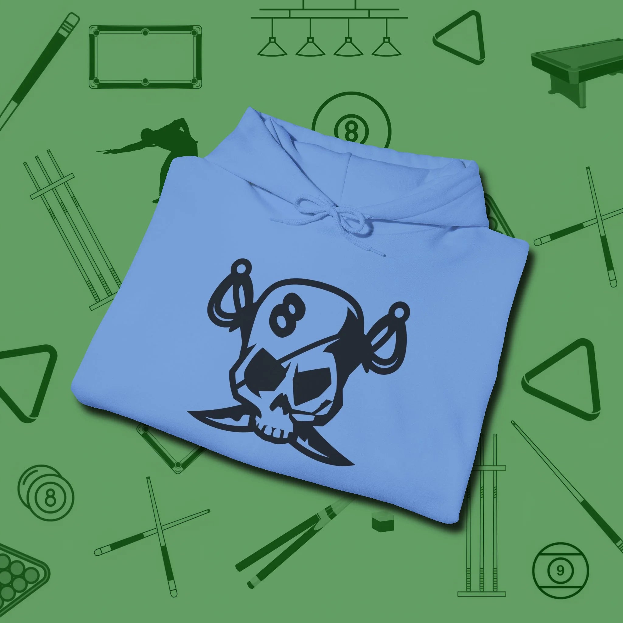 Eight Ball Pirate Skull Hoodie, folded view, in Carolina Blue where style and cue discipline collide