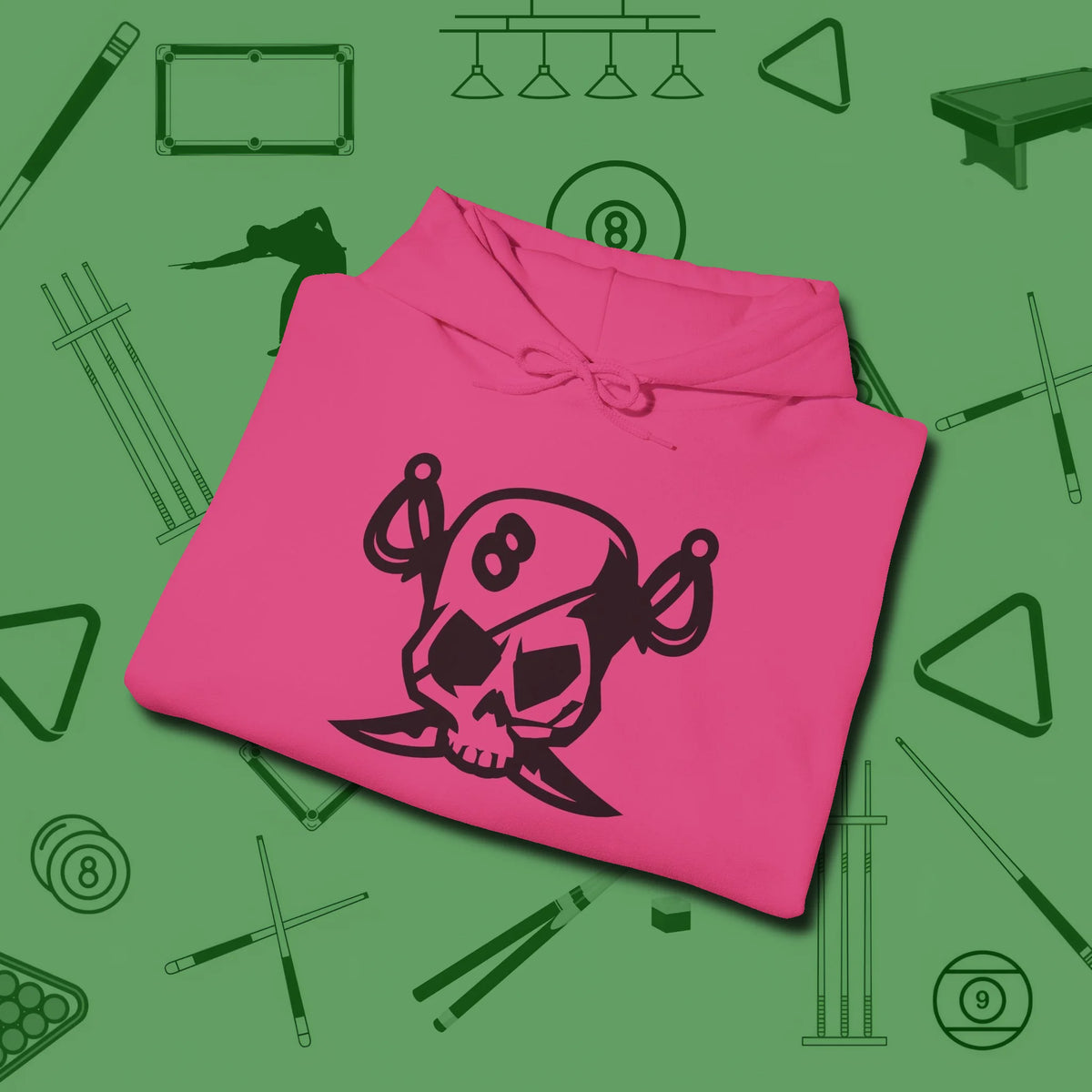 Eight Ball Pirate Skull Hoodie, folded view, in Heliconia designed for dead stroke and deadpan looks